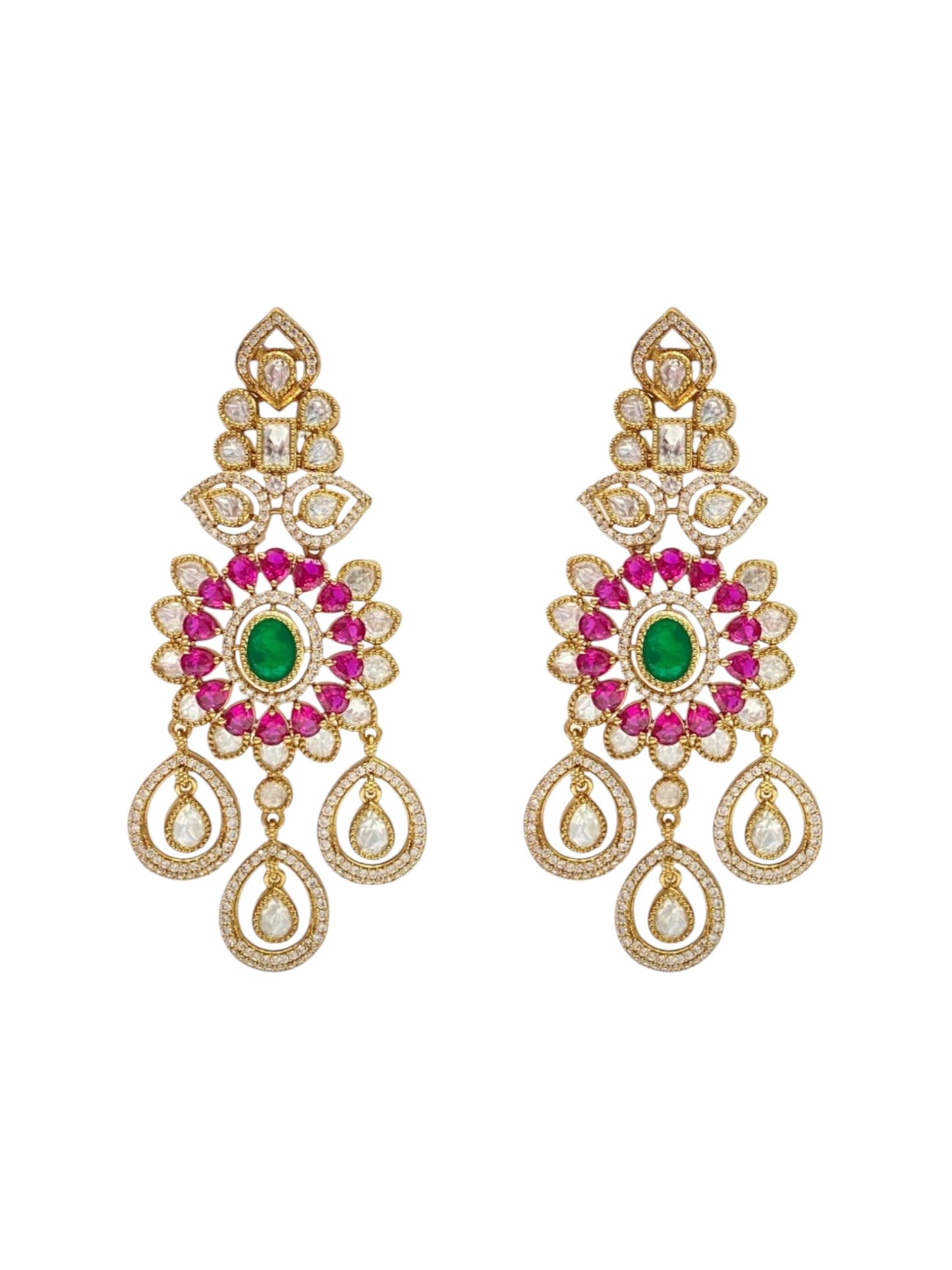 Lavish Chandelier And Flower Shape Green Ruby Kundan Stone Earring