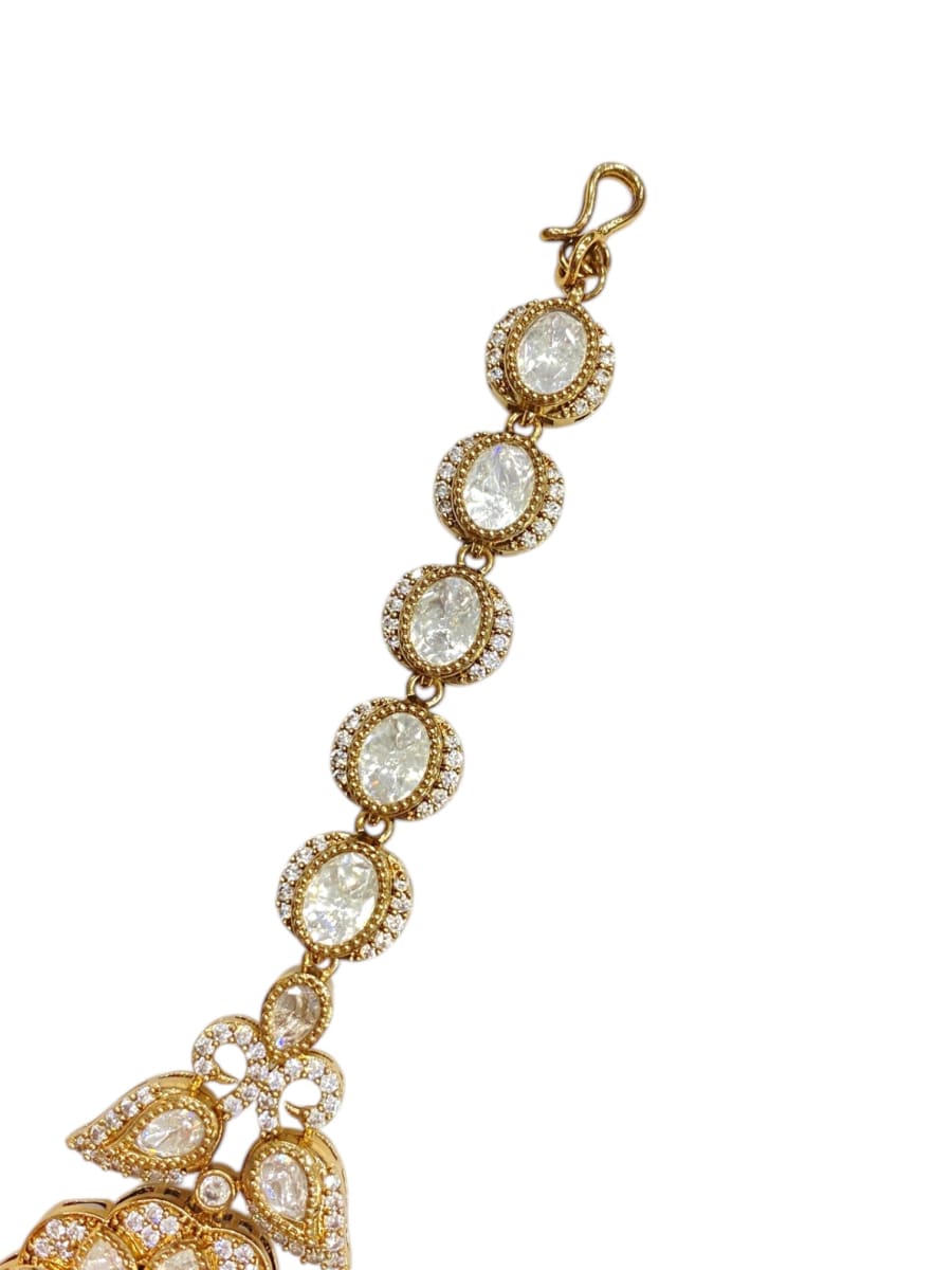 Floral Kundan Maang Tikka With Mint Bead Hanging | Antique Gold Finish - detail