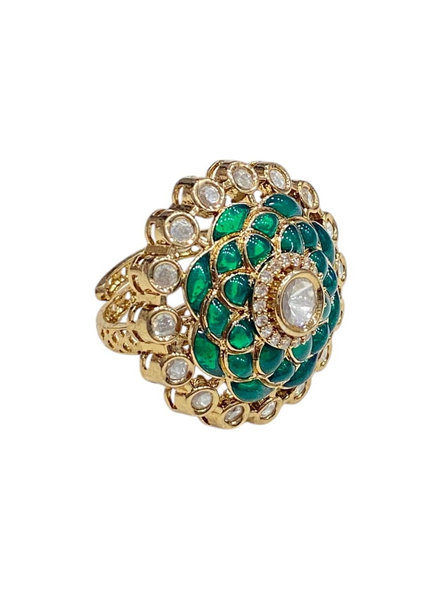 Green Layered Floral Grace Kundan Rings - detail