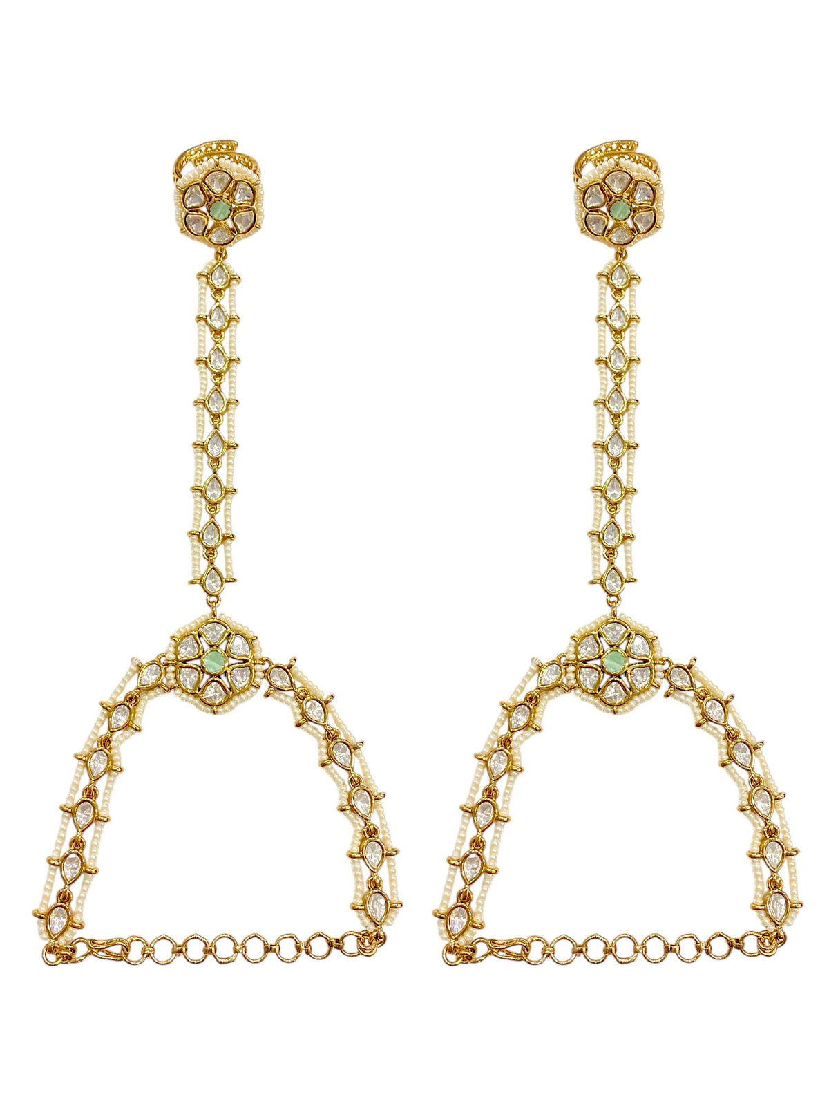 Sirini Regal Mint Kundan Pearl Haathphool Antique Gold Finish