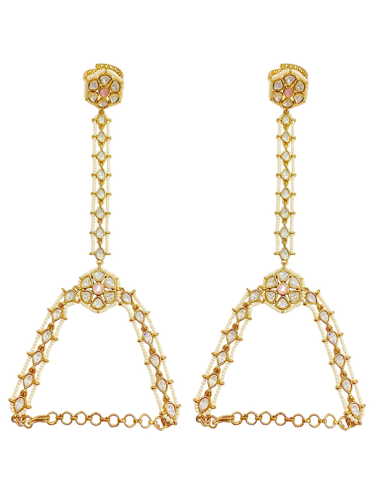 Sirini Regal Pink Kundan Pearl Haathphool Antique Gold Finish