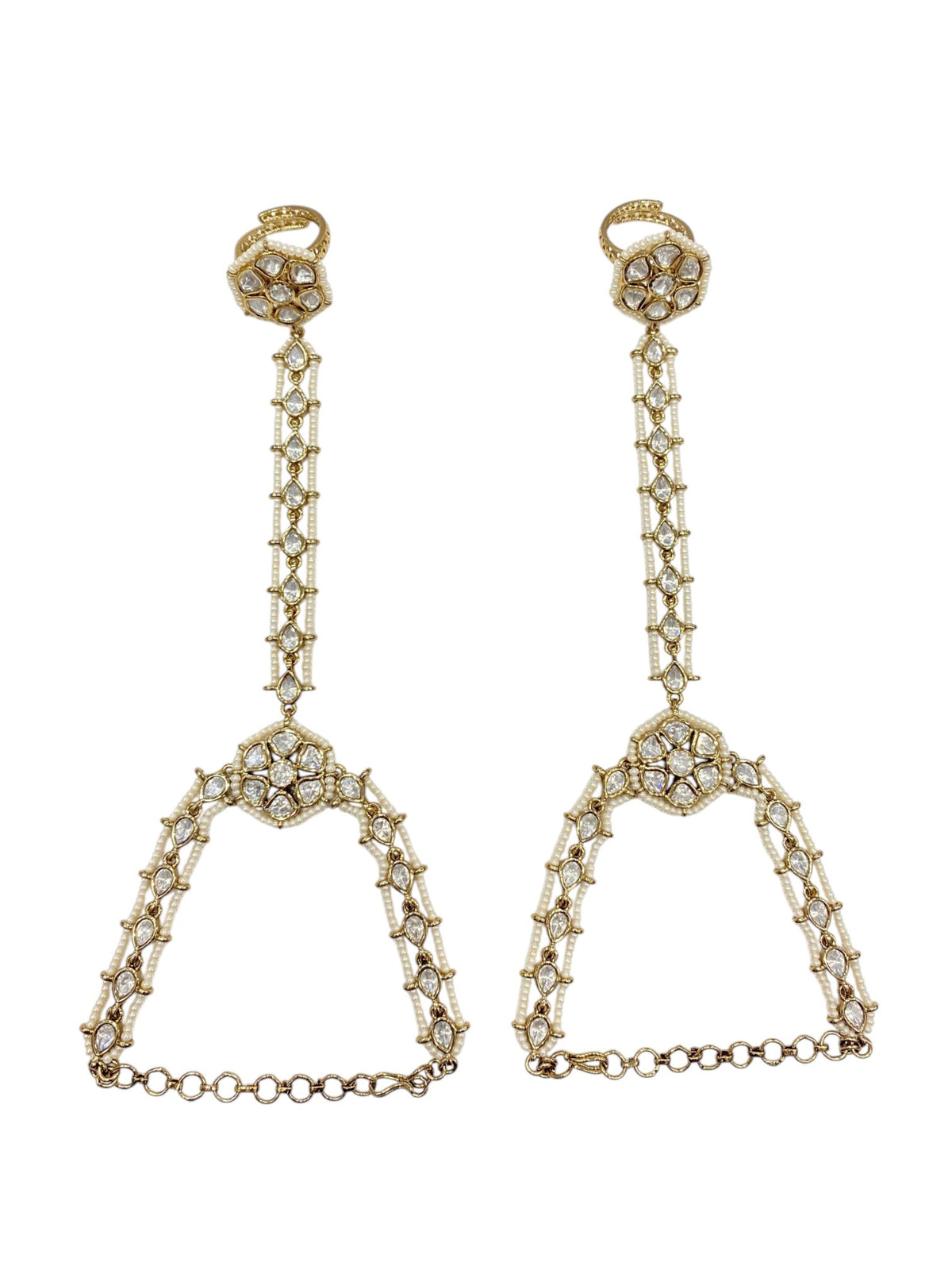 Sirini Regal White Kundan Pearl Haathphool | Antique Gold Finish