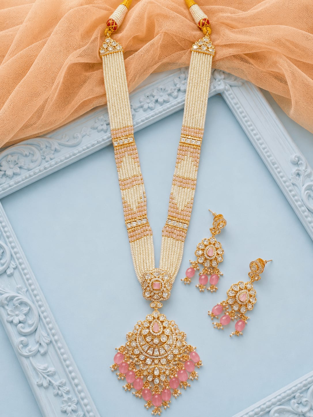 Pink Kundan Multi-Strand Pearl Long Set | Sirini Jewellery
