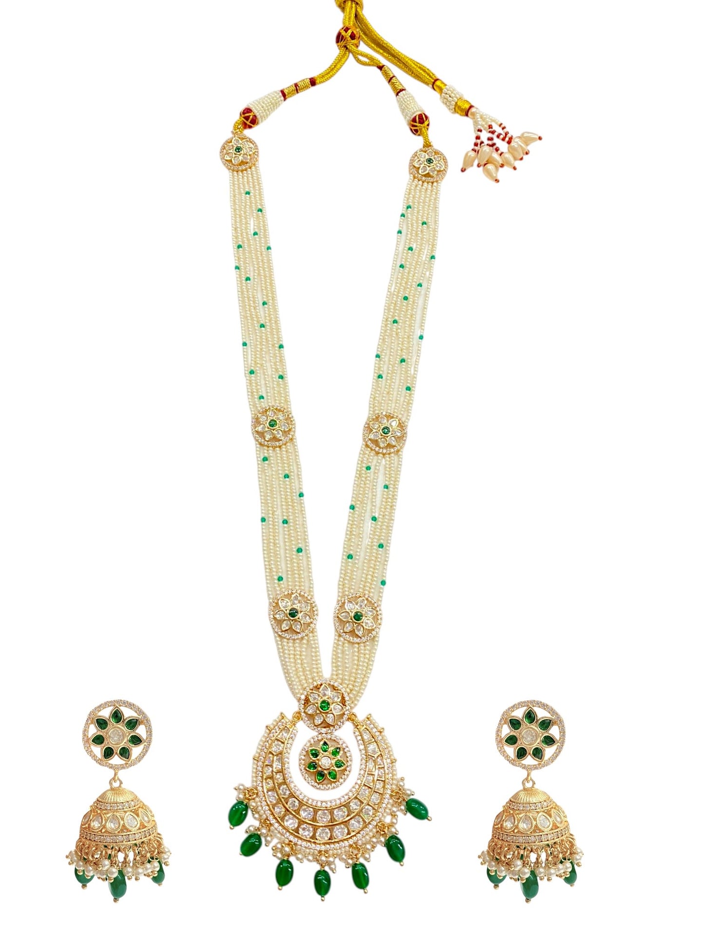 Sirini Gold Finish Green Kundan Pearl Long Necklace Set