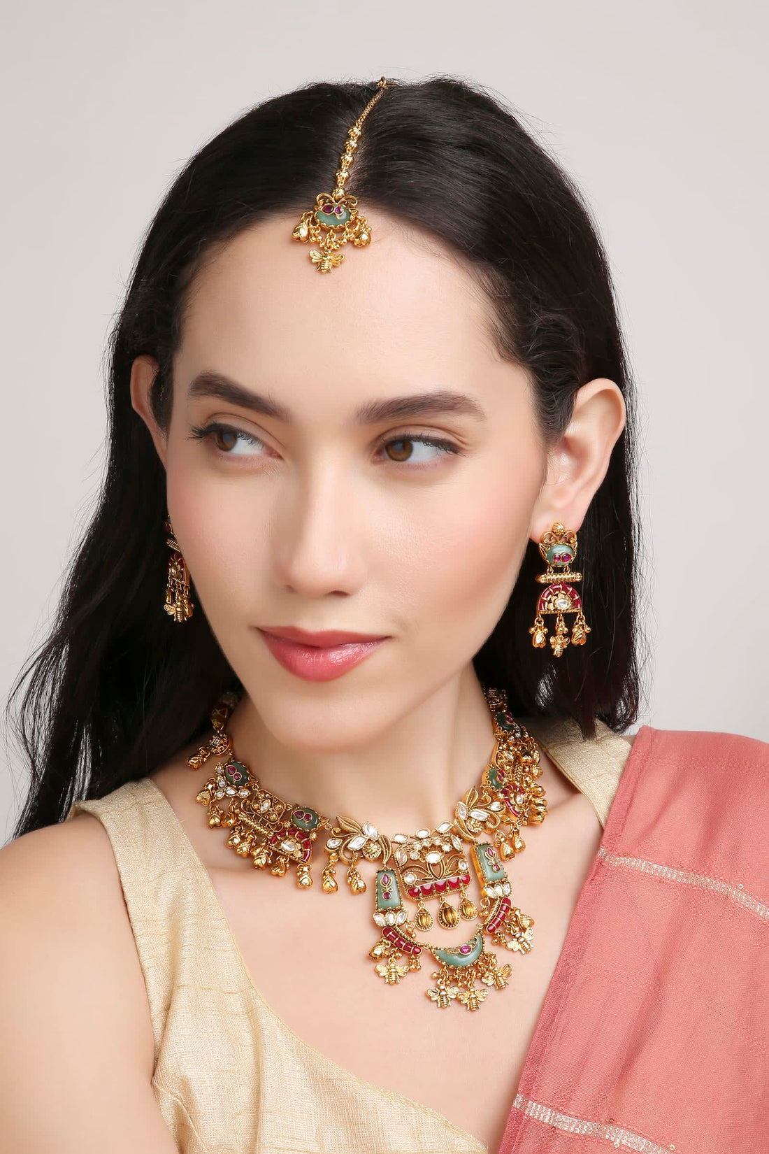 Regal Kundan necklace set with earrings, gold-plated imitation jewellery from Sirini