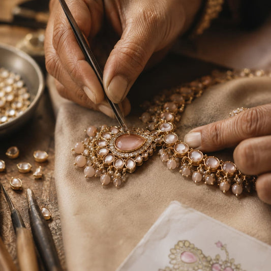 An artisan hand-setting a Kundan piece on the workbench