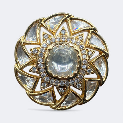 Domed cocktail ring with one bright green glass stone in a gold claw frame, view 2 of 2