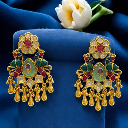 Kundan jhumkis with a small Kundan top over a plain domed gold bell, view 4 of 4