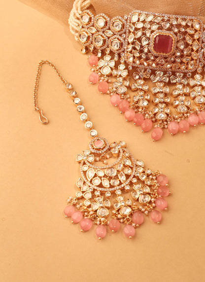 Single-strand bridal Kundan haar with uncut-look stones and matching earrings, view 3 of 5