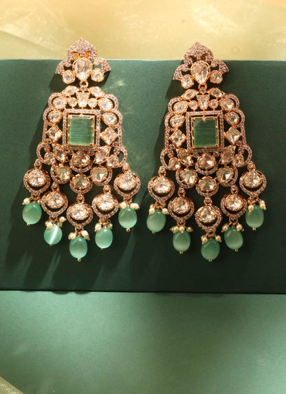 Mint green Kundan long haar, rani haar length, with matching earrings, view 4 of 4
