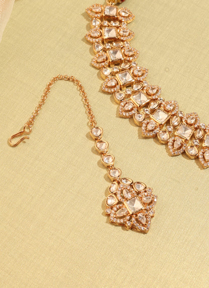 Bridal Antique Gold-Plated Haar Set - White Polki Kundan Necklace Sets by Sirini Jewellery, Bridal wear - detail