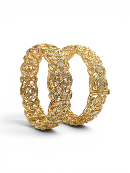 Pair of broad rigid kadas densely foil-set with uncut-look Kundan, gold-plated, by Sirini Jewellery, view 2 of 3