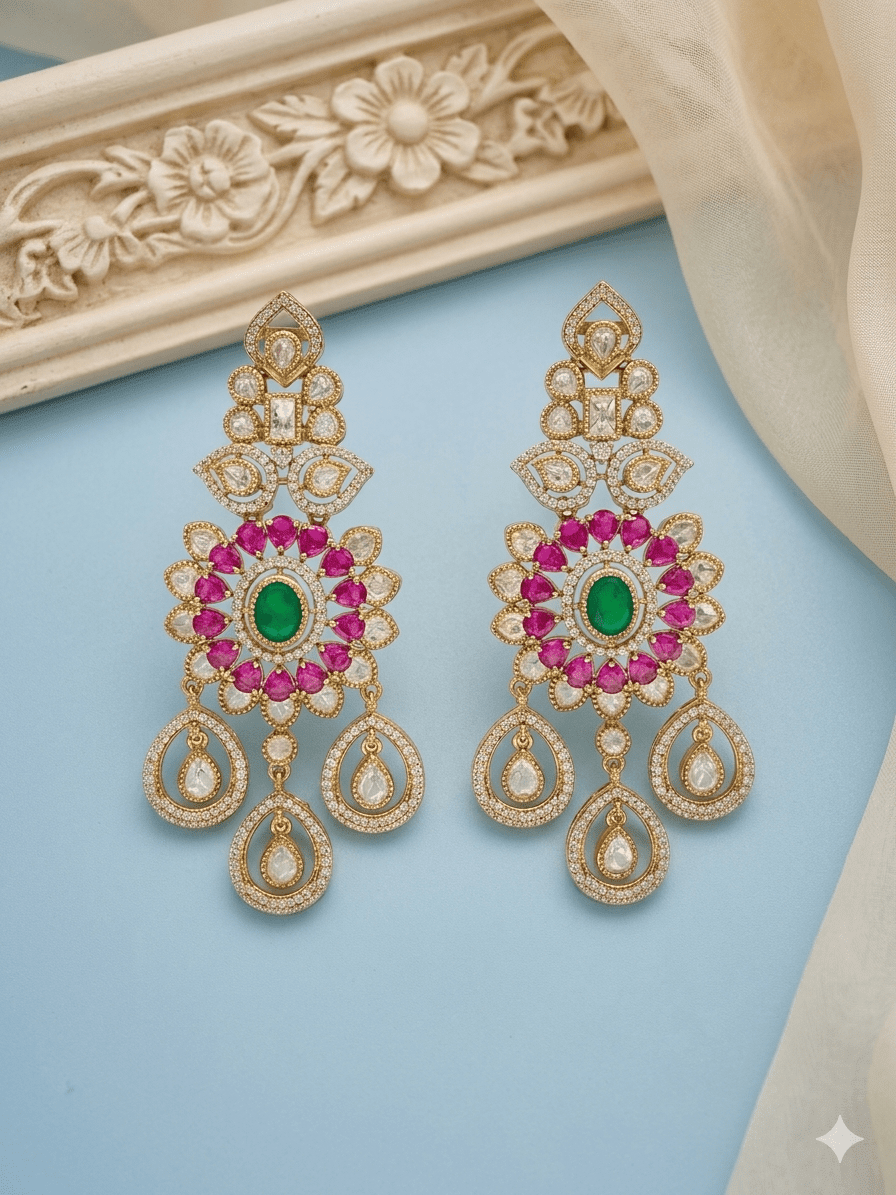 Lavish Chandelier And Flower Shape Green Ruby Kundan Stone Earring