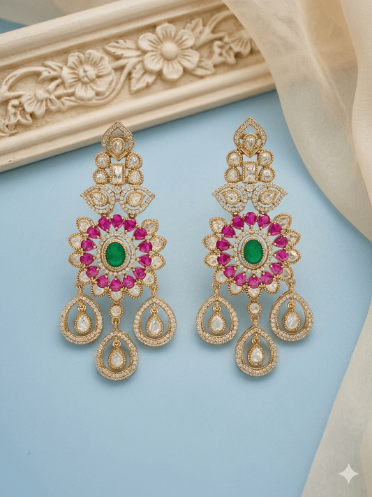 Lavish Chandelier And Flower Shape Green Ruby Kundan Stone Earring