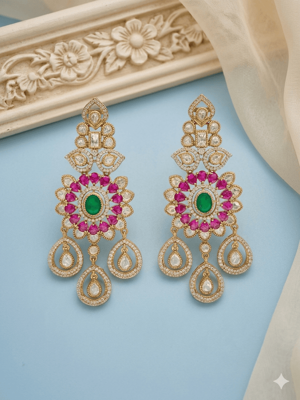Bridal Green Ruby Kundan Chandelier Earrings