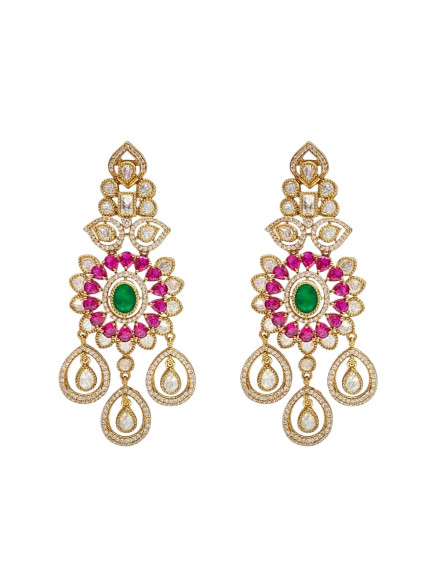 Lavish Chandelier And Flower Shape Green Ruby Kundan Stone Earring - detail