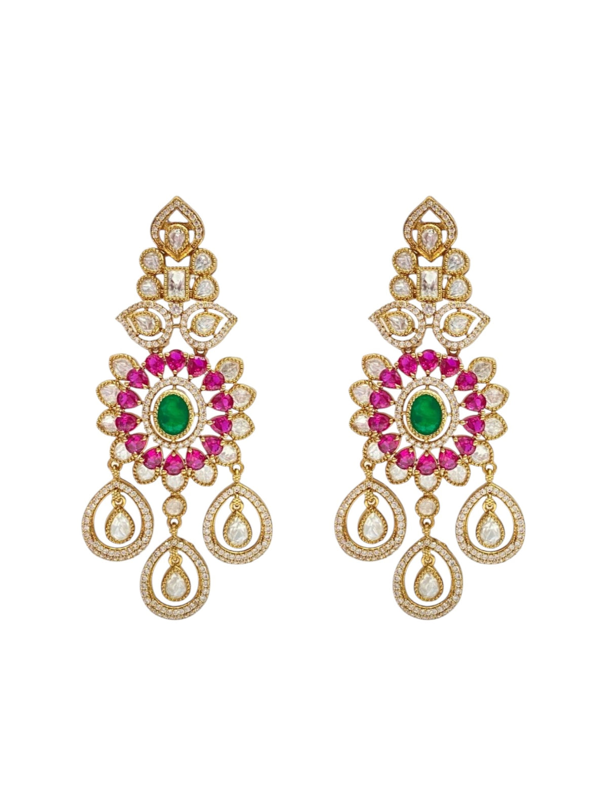 Lavish Chandelier And Flower Shape Green Ruby Kundan Stone Earring