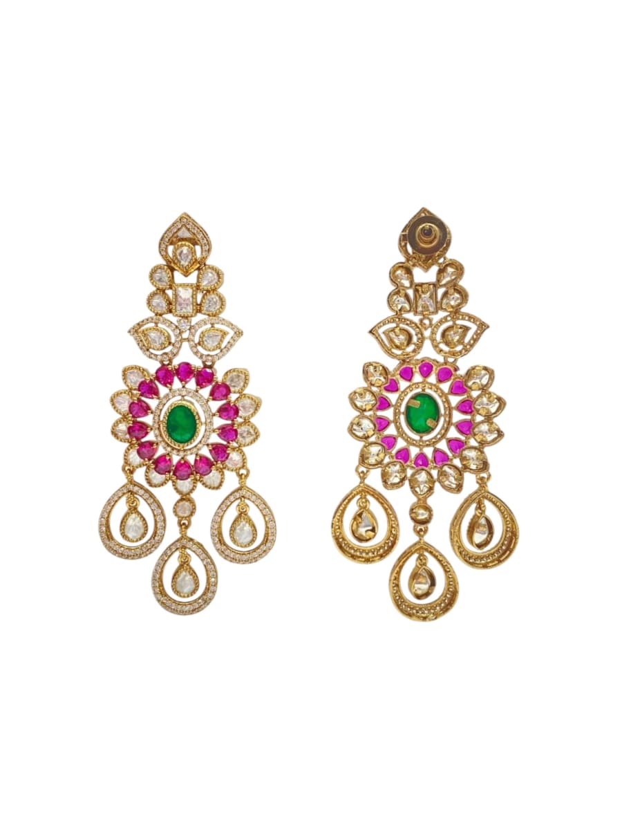 Lavish Chandelier And Flower Shape Green Ruby Kundan Stone Earring - detail