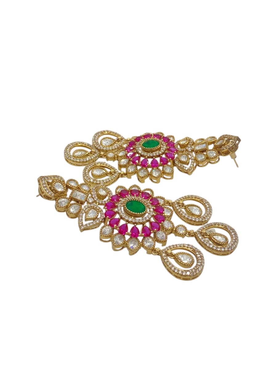 Lavish Chandelier And Flower Shape Green Ruby Kundan Stone Earring - detail