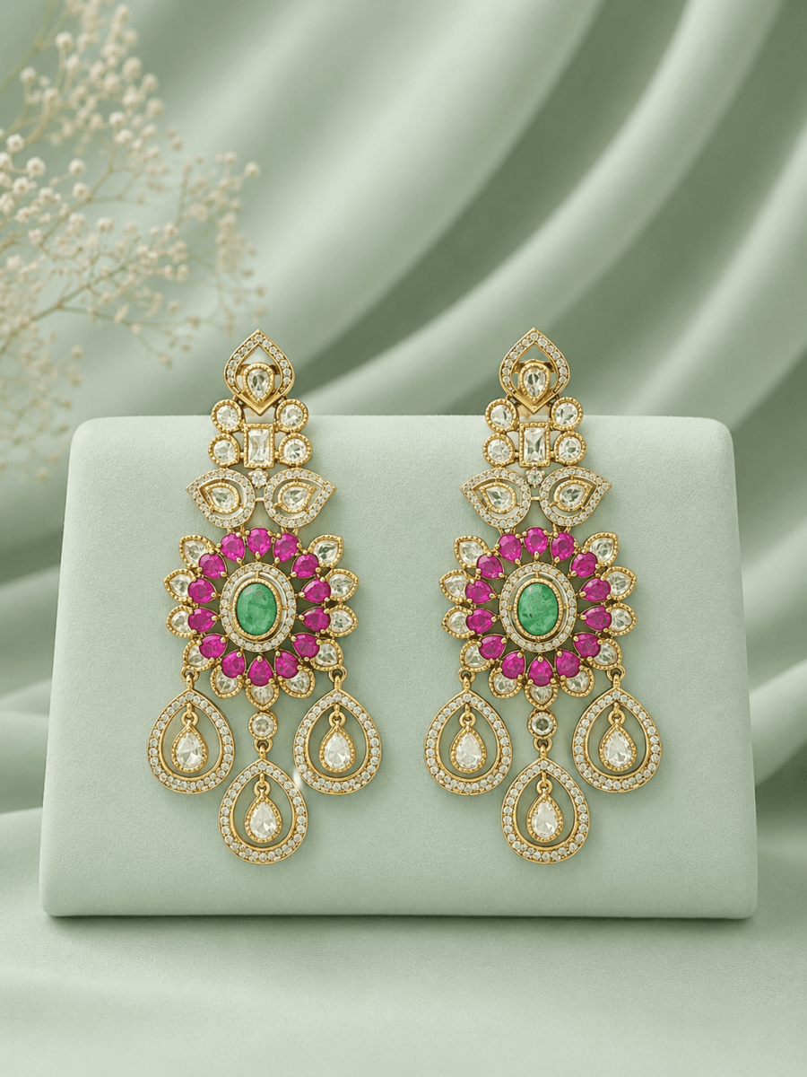 Lavish Chandelier And Flower Shape Mint Ruby Kundan Stone Earring