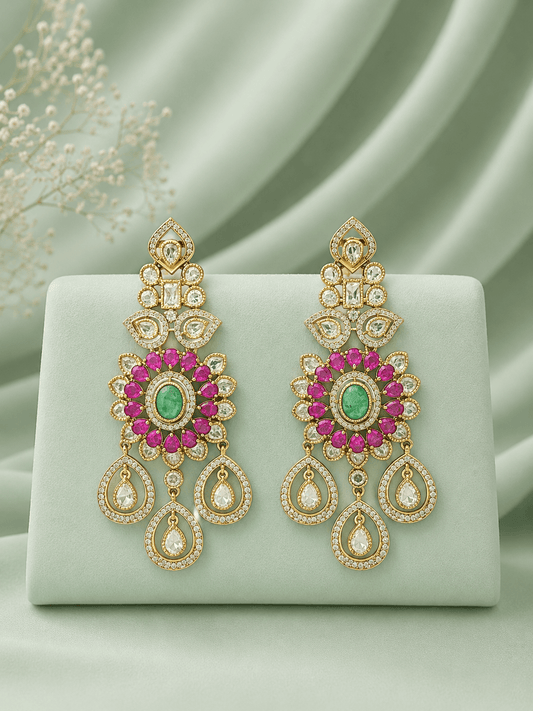 Lavish Chandelier And Flower Shape Mint Ruby Kundan Stone Earring