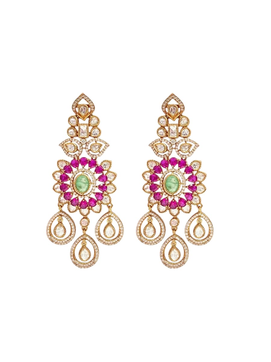 Lavish Chandelier And Flower Shape Mint Ruby Kundan Stone Earring - detail