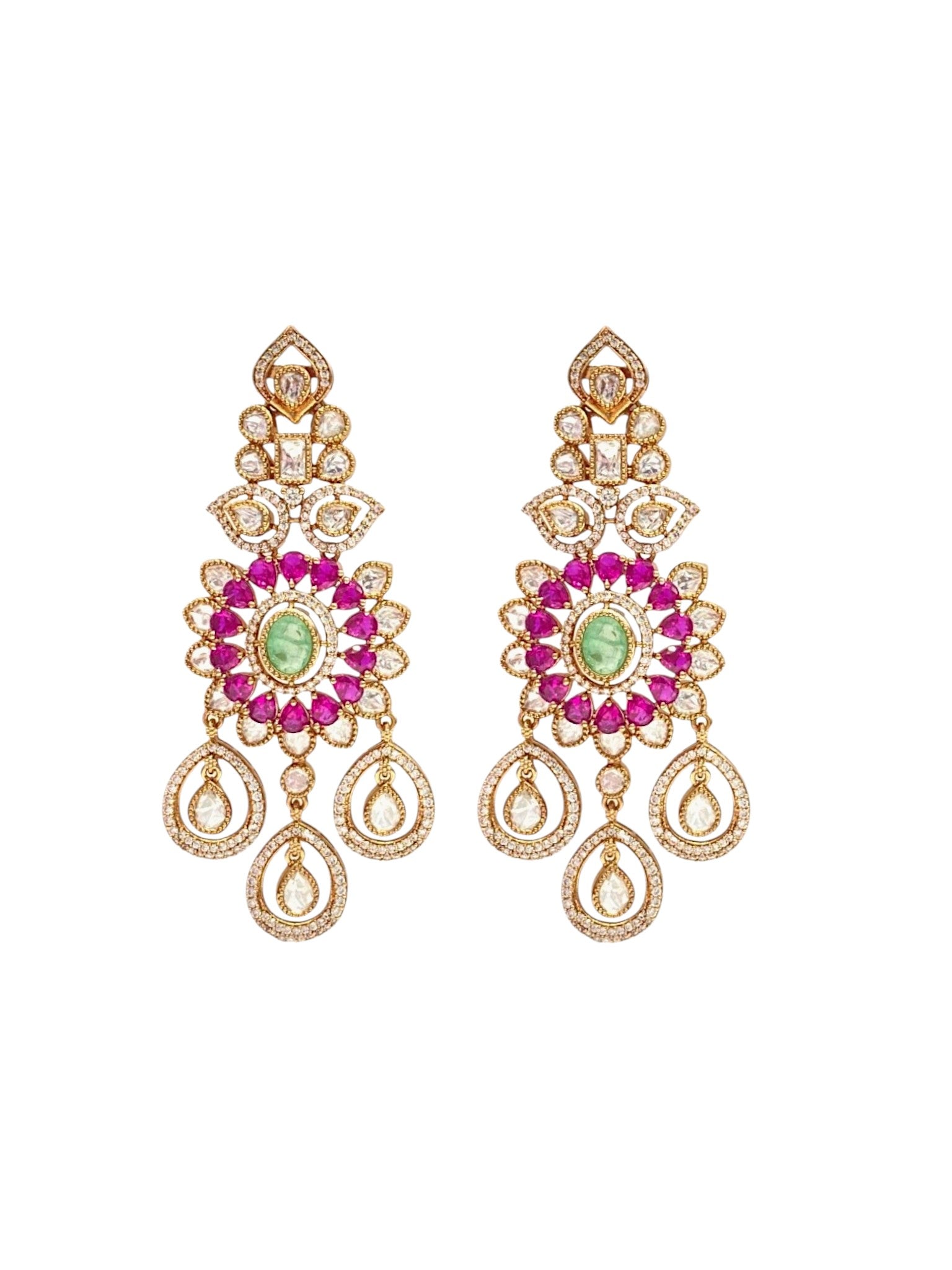 Lavish Chandelier And Flower Shape Mint Ruby Kundan Stone Earring