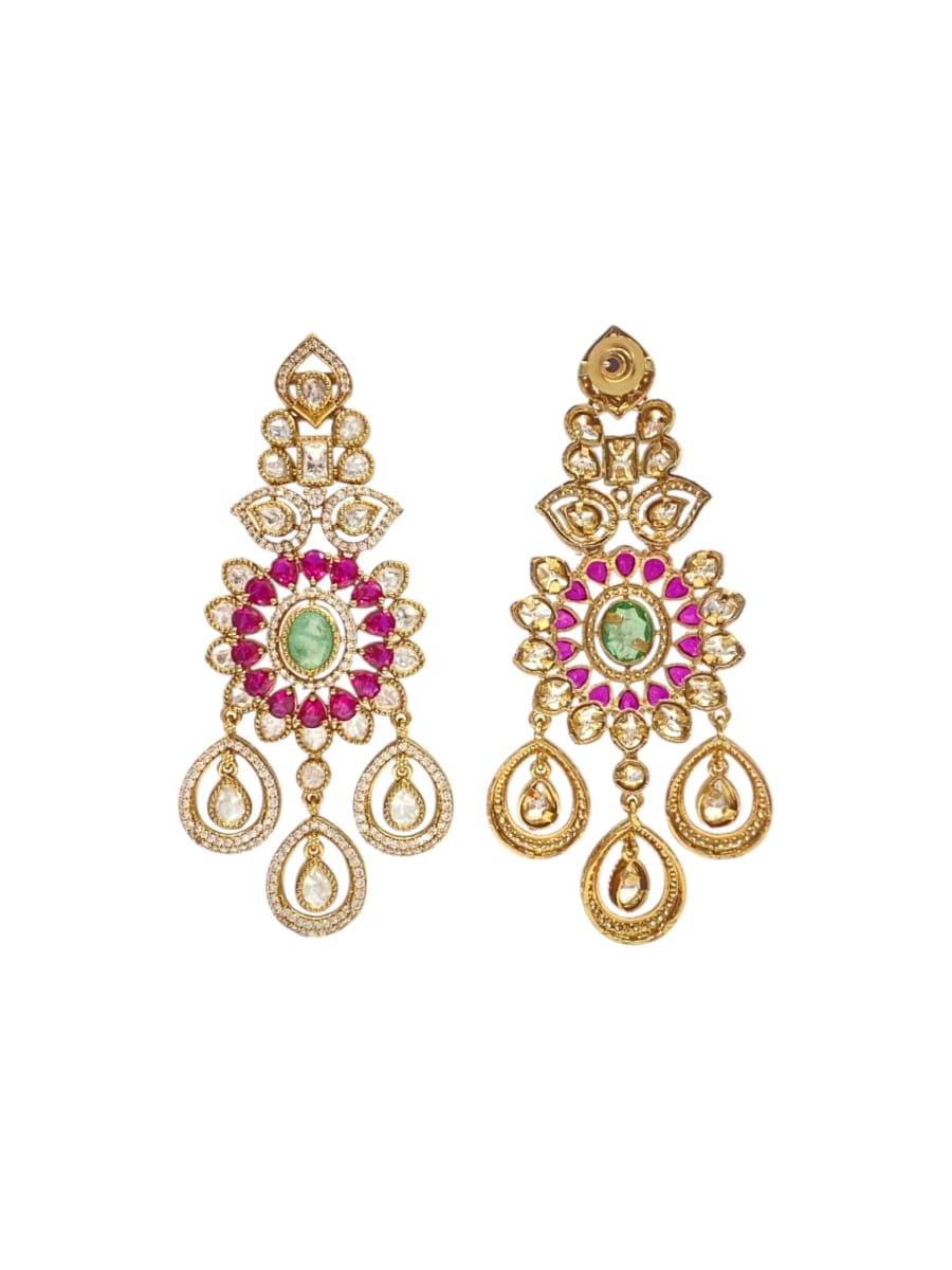 Lavish Chandelier And Flower Shape Mint Ruby Kundan Stone Earring - detail
