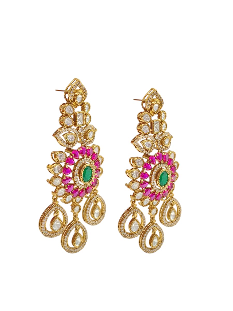 Lavish Chandelier And Flower Shape Mint Ruby Kundan Stone Earring - detail
