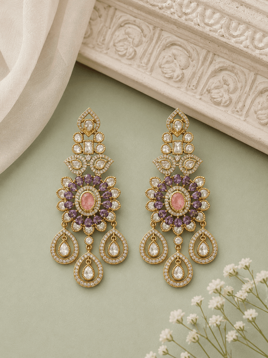 Lavish Chandelier And Flower Shape Pink Kundan Stone Earring