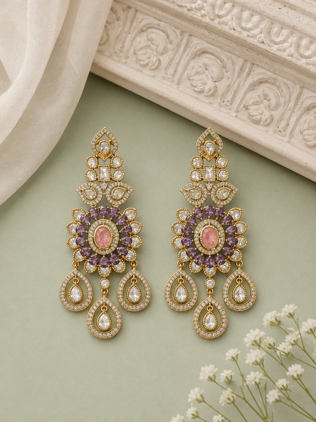 Lavish Chandelier And Flower Shape Pink Kundan Stone Earring