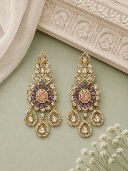 Lavish Chandelier And Flower Shape Pink Kundan Stone Earring