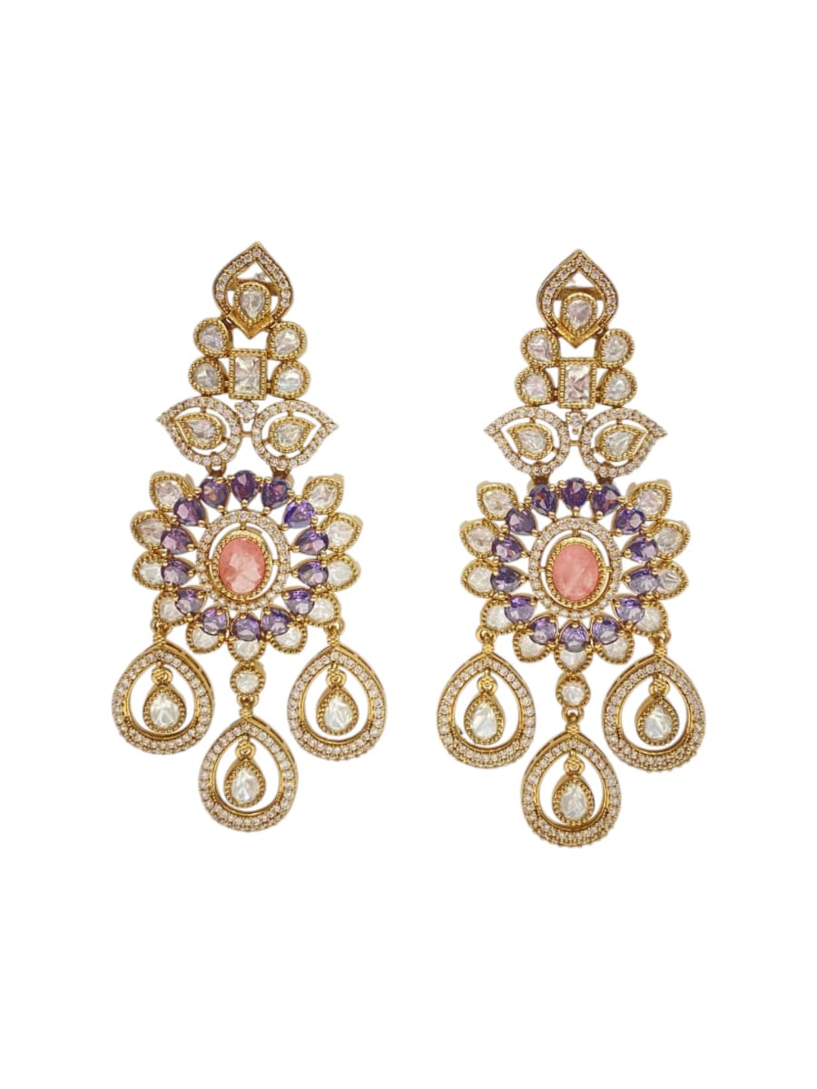 Lavish Chandelier And Flower Shape Pink Kundan Stone Earring - detail