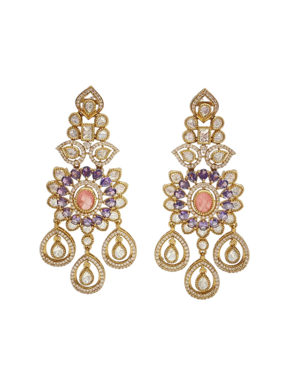 Lavish Chandelier And Flower Shape Pink Kundan Stone Earring