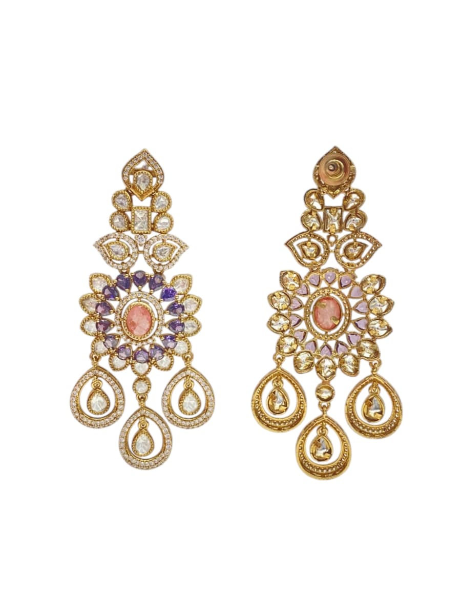 Lavish Chandelier And Flower Shape Pink Kundan Stone Earring - detail