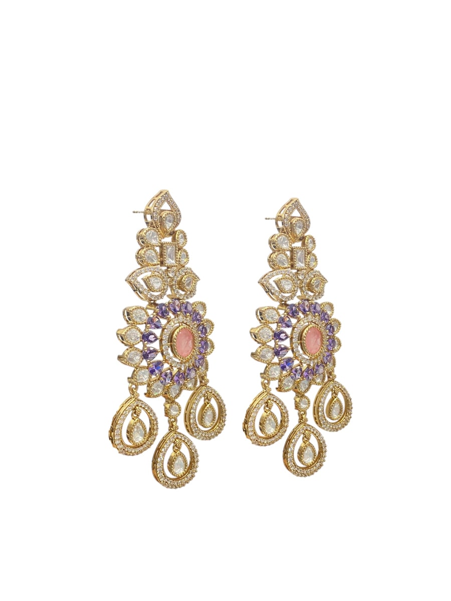Lavish Chandelier And Flower Shape Pink Kundan Stone Earring - detail