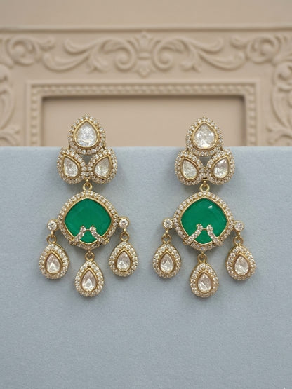 Flat mirror-set green Kundan danglers, a straight drop earring, gold-plated, by Sirini Jewellery