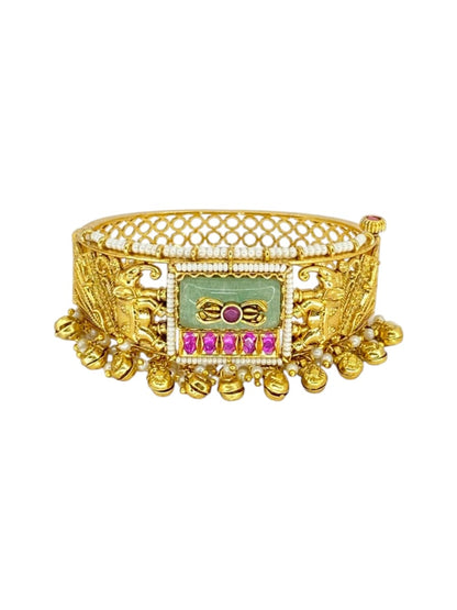Broad antique gold kada bracelet with carved detail and Kundan stones, view 3 of 4