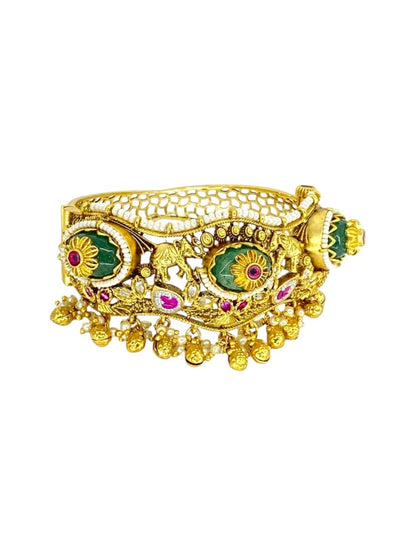 Emerald Kemp stone Elephant Heritage Kada - Green Kemp Bracelets by Sirini Jewellery, Bridal wear - detail