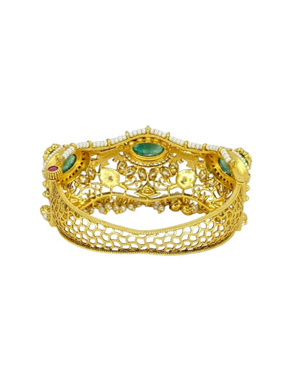 Emerald Kemp stone Elephant Heritage Kada - Green Kemp Bracelets by Sirini Jewellery, Bridal wear - detail