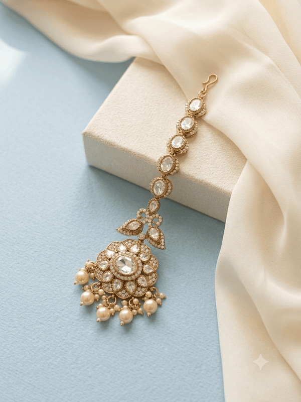 Antique Gold-Plated White Floral Kundan Maang Tikka With Pearl Drops