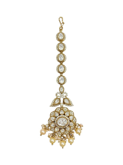 White floral Kundan maang tikka with pearl drops in antique gold finish, view 2 of 4