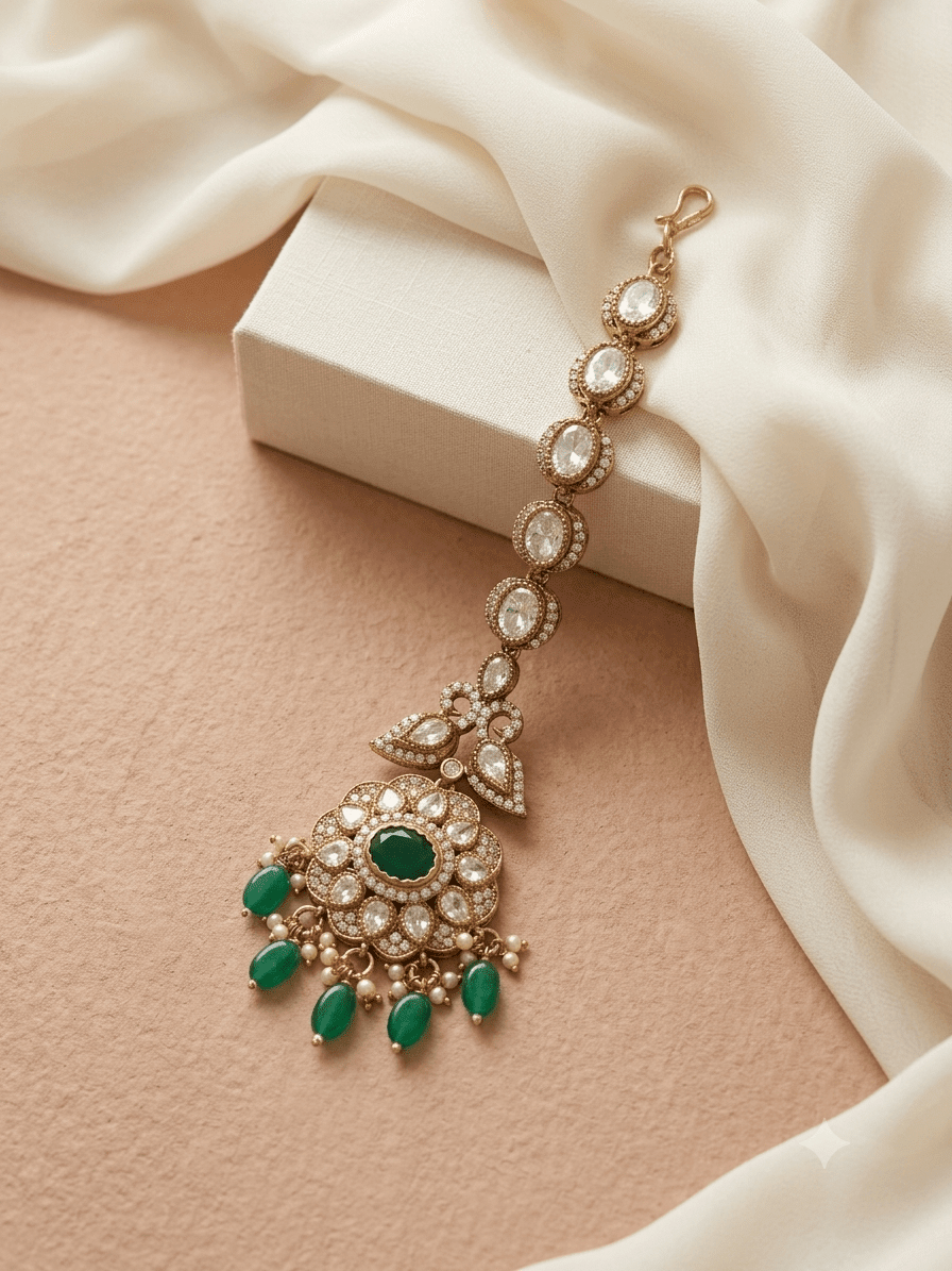 Floral Kundan Maang Tikka With Green Bead Hanging | Antique Gold Finish