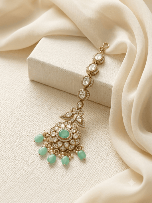 Floral Kundan Maang Tikka With Mint Bead Hanging | Antique Gold Finish