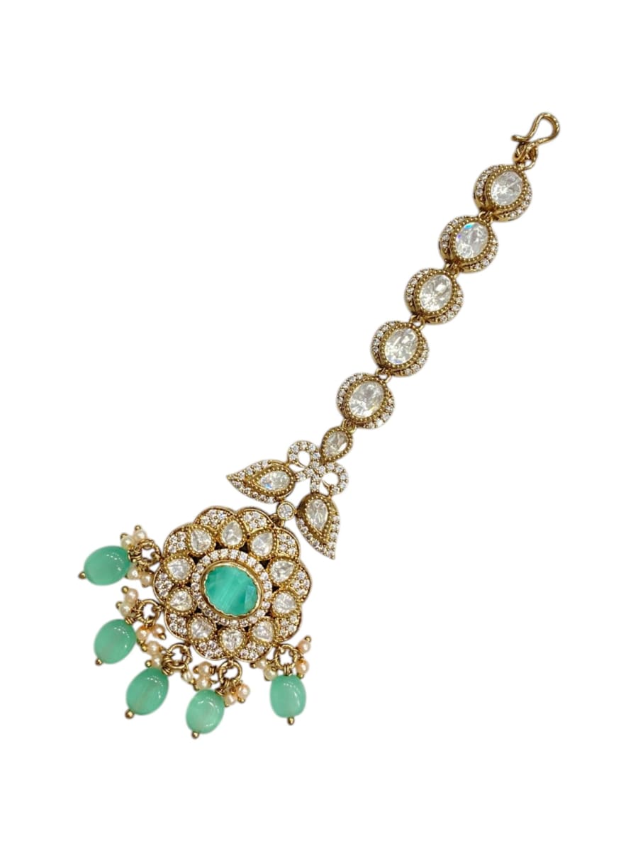 Floral Kundan Maang Tikka With Mint Bead Hanging | Antique Gold Finish - detail