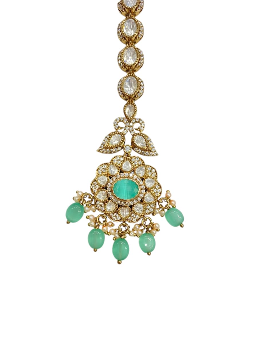 Floral Kundan Maang Tikka With Mint Bead Hanging | Antique Gold Finish - detail