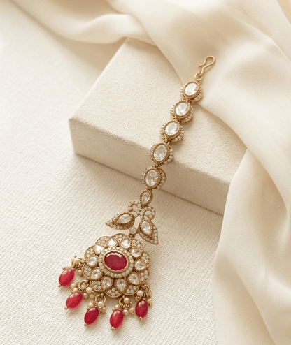 Floral Kundan Maang Tikka With Ruby Bead Hanging | Antique Gold-Plated Finish - Ruby Polki Kundan by Sirini Jewellery, Bridal wear
