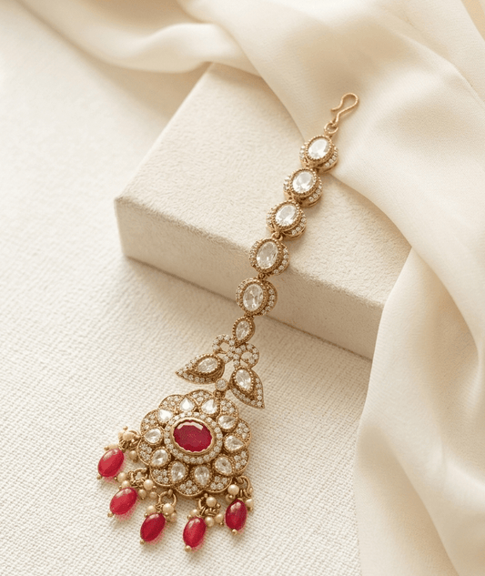 Floral Kundan Maang Tikka With Ruby Bead Hanging | Antique Gold Finish