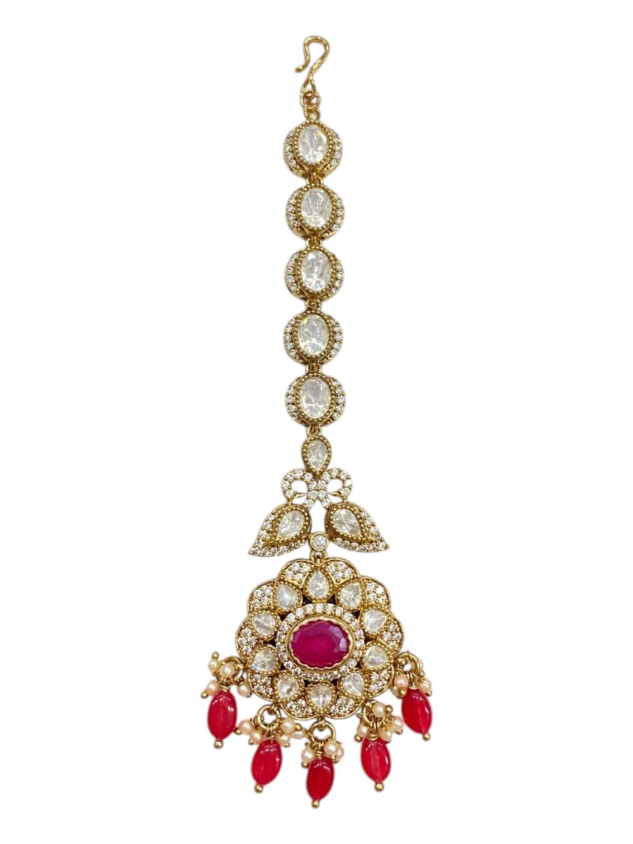 Floral Kundan Maang Tikka With Ruby Bead Hanging | Antique Gold Finish - detail