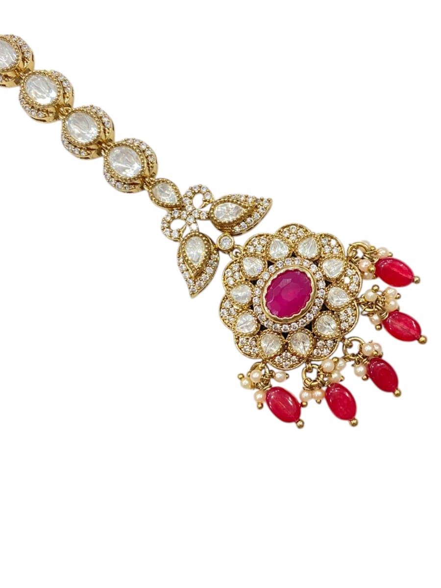 Floral Kundan Maang Tikka With Ruby Bead Hanging | Antique Gold Finish - detail